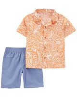 2-Piece Palm Linen Button-Front Shirt & Short Set