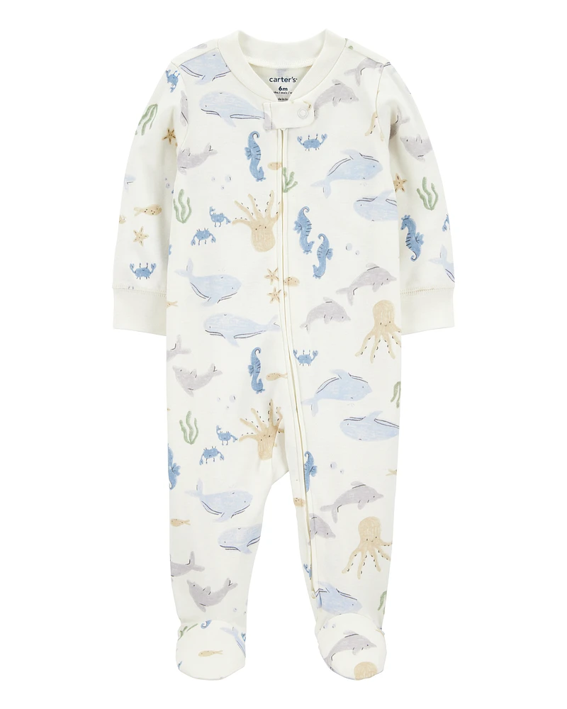 Baby Boy Aquatic Animals Print 2-Way Zip Cotton Sleeper Pyjamas - Ivory