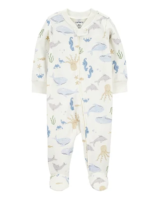 Baby Boy Aquatic Animals Print 2-Way Zip Cotton Sleeper Pyjamas - Ivory