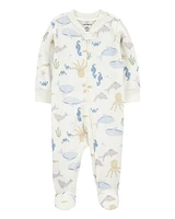 Baby Boy Aquatic Animals Print 2-Way Zip Cotton Sleeper Pyjamas - Ivory