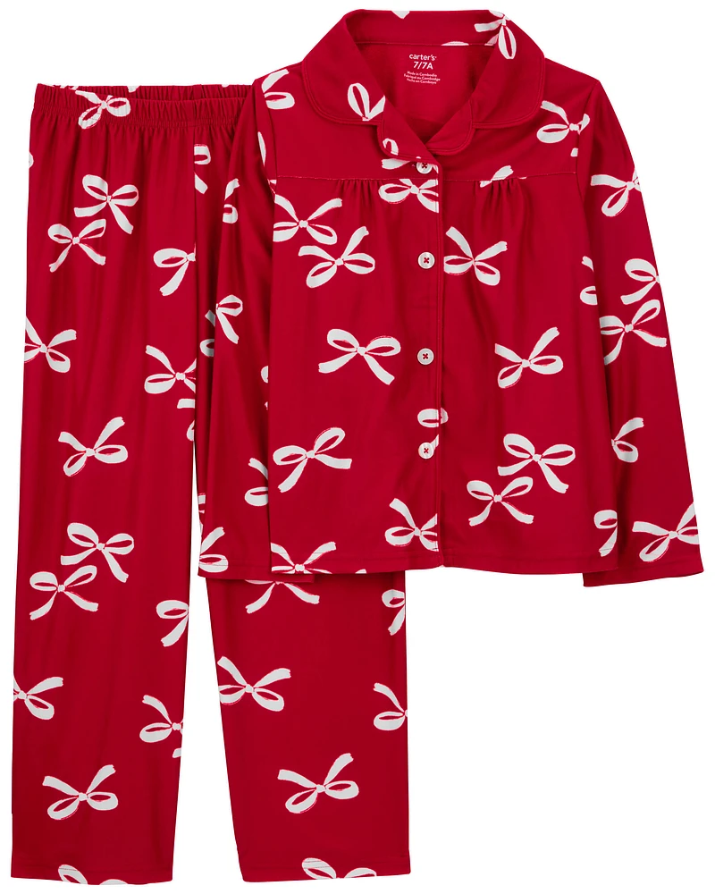 Kid 2-Piece Christmas Bow Coat Style Fleece Pajamas