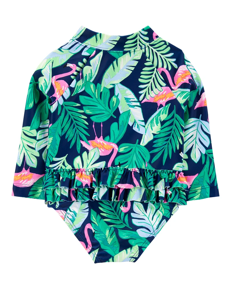 Baby Girl 1-Piece Tropical Flamingo Long-Sleeve Rashguard Swimsuit