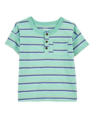 Baby Striped Cotton Blend Short-Sleeve Henley - Green