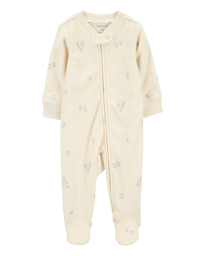 Baby Floral Print 2-Way Zip Terry Sleeper Pyjamas - Ivory