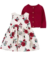 Baby 2-Piece Floral Sateen Holiday Dress & Cardigan Set