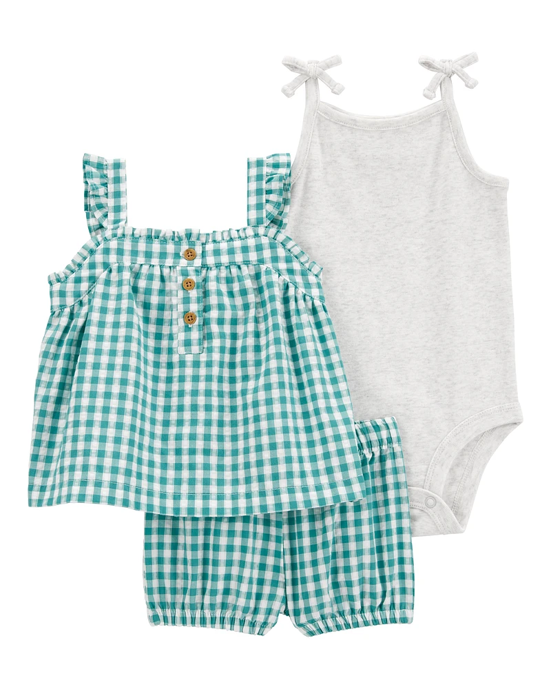 Baby 3-Piece Gingham Outfit Set - Green/Grey