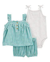 Baby 3-Piece Gingham Outfit Set - Green/Grey