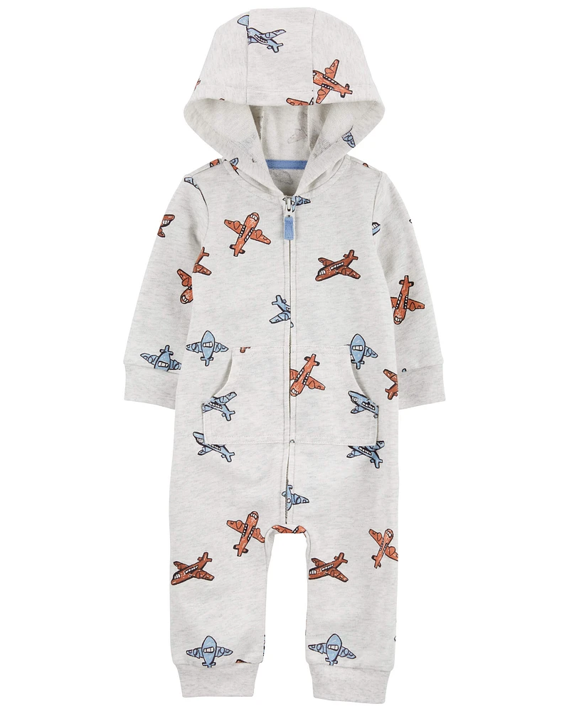 Baby Airplane Zip-Up Long-Sleeve Jumpsuit - Grey