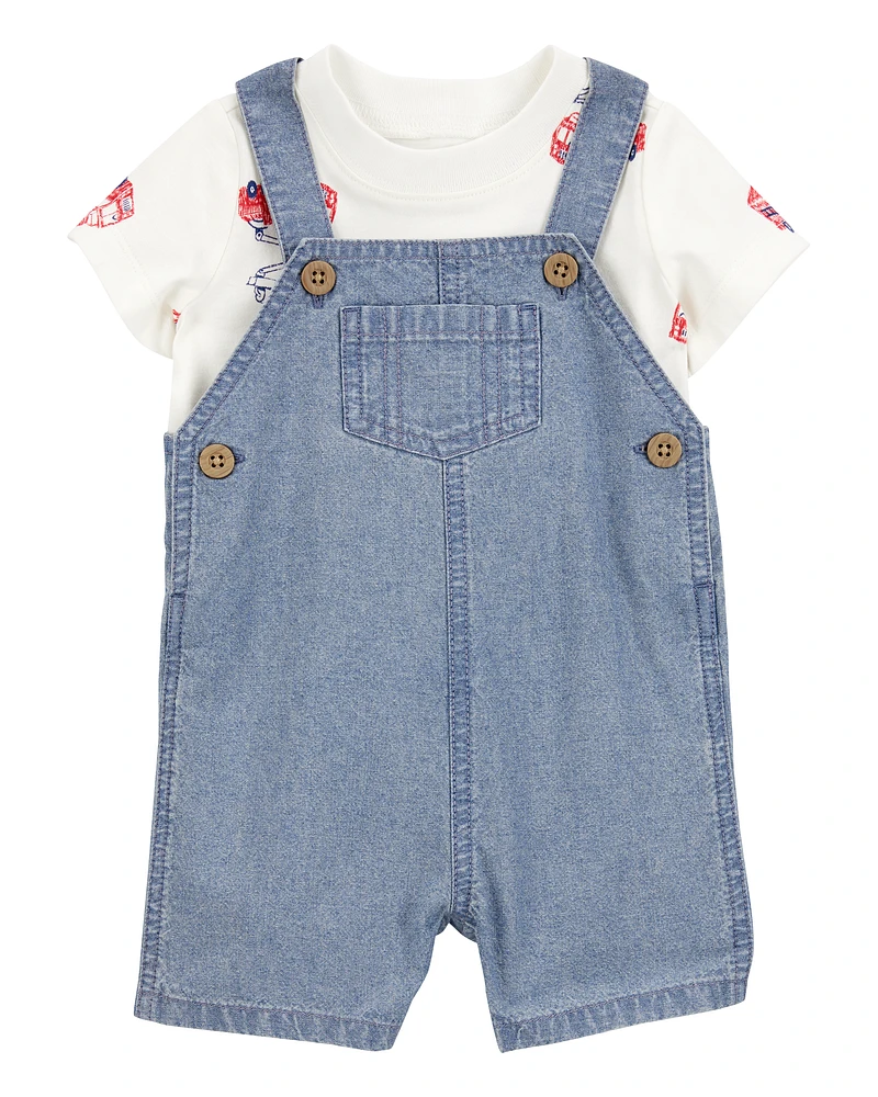 Baby 2-Piece Fire Truck Tee & Shortall Set - Grey