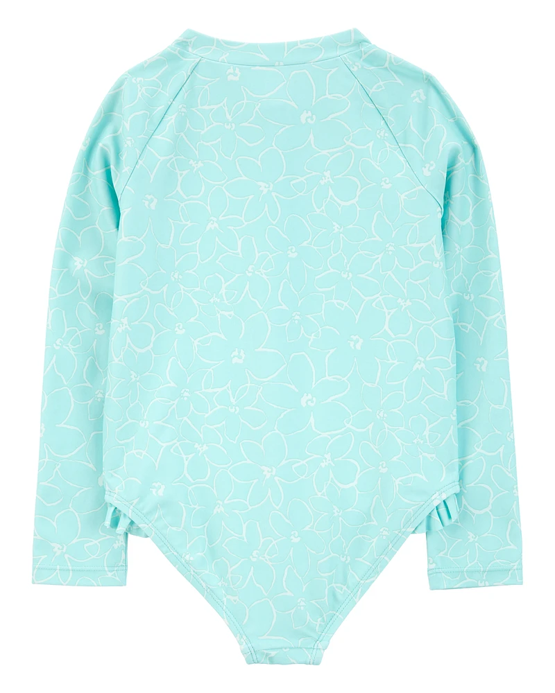 Toddler Girl 1- Piece Floral Long-Sleeve Rashguard Swimsuit - Blue