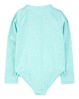 Toddler Girl 1- Piece Floral Long-Sleeve Rashguard Swimsuit - Blue
