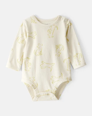 Baby Boy Dog Print Cotton Long-Sleeve Fashion Bodysuit - White