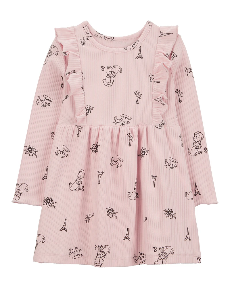 Toddler Paris-Print Long-Sleeve Dress - Pink