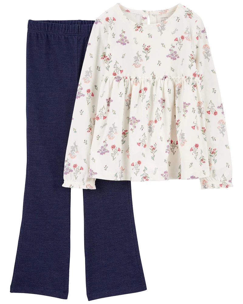 Kid 2-Piece Floral Long-Sleeve Top & Pull-On Flare Pant Set