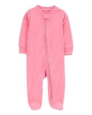 Baby Heart Print Fleece Zip-Up Footie Sleeper Pyjamas