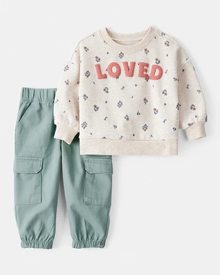 Baby 2-Piece "Loved" Pullover Sweatshirt & Pant Set - Cream/Green