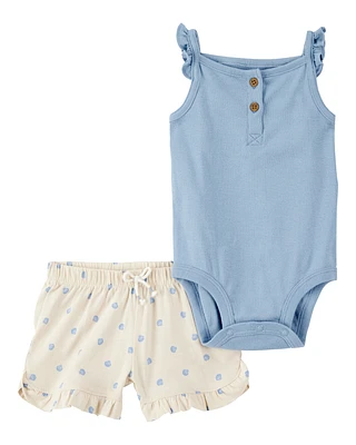 Baby 2-Piece Tank Bodysuit & Shell Print Pull-On Short Set - Blue/Ivory