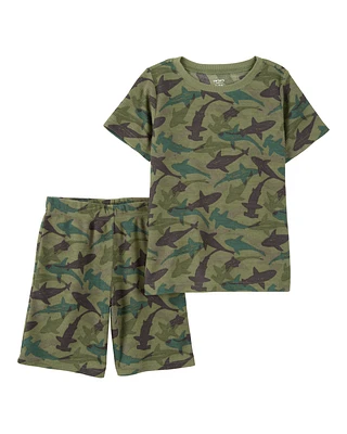 Kid Shark Print Loose Fit Waffle Knit 2-Piece Pyjamas - Green
