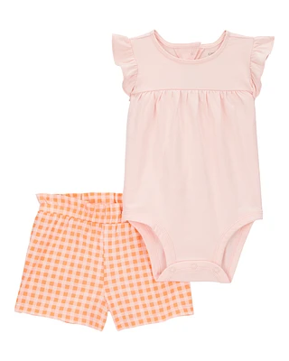 Baby 2-Piece Gingham Bodysuit & Short Set - Orange
