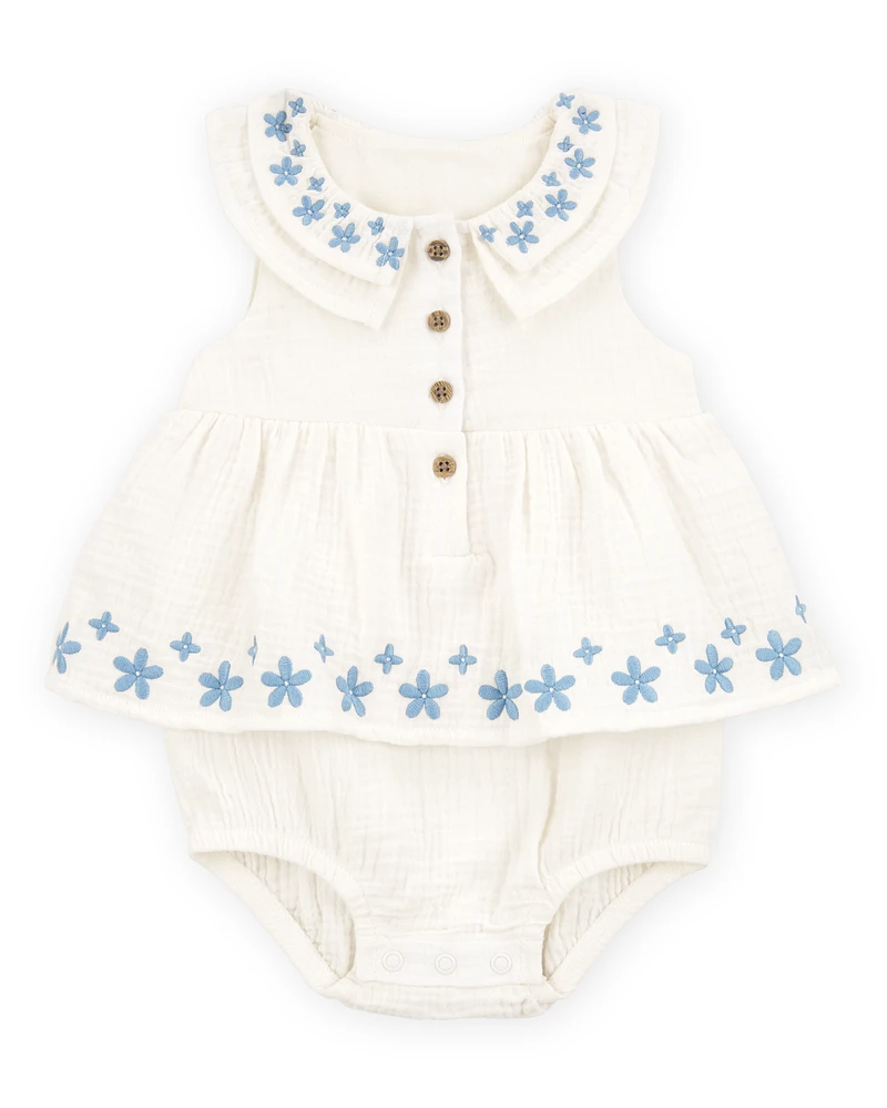 Baby Floral Embroidered Bodysuit Dress - Ivory