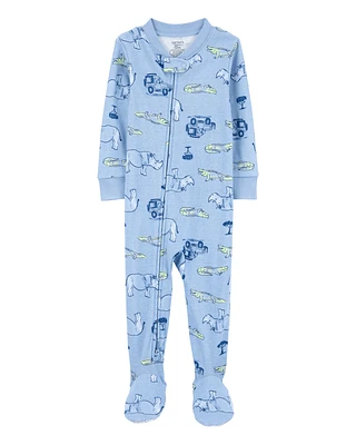 Baby Safari Print Snug Fit Cotton Footie 1-Piece Pyjamas - Blue