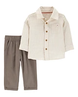 Baby Boy 2-Piece Striped Linen Look-alike Shirt & Pull-On Pant Set - Ivory/Brown