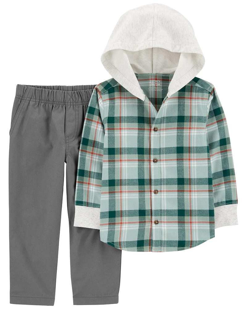 Baby 2-Piece Plaid Hooded Button-Front & Pant Set