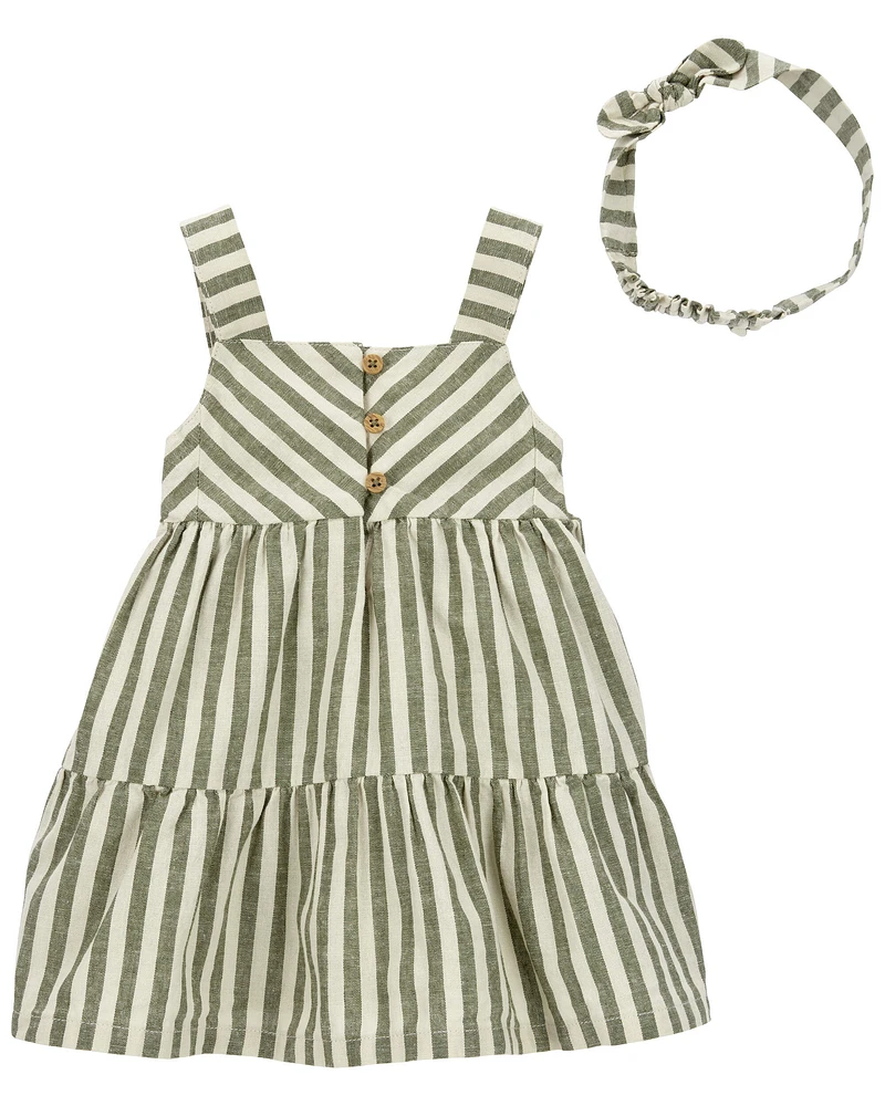 2-Piece Striped Linen Dress & Headwrap Set