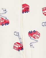 Baby Fire Truck Print 2-Way Zip Cotton Sleeper Pyjamas - Cream