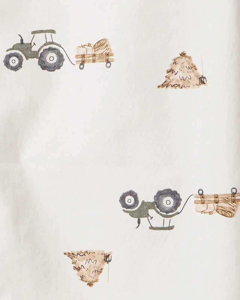 Toddler Boy Tractor Print Cotton Long-Sleeve Button Down Shirt - White