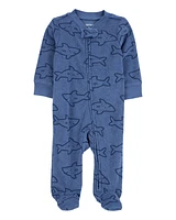 Baby Shark Print 2-Way Zip Terry Sleeper Pyjamas - Navy