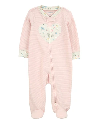 Baby Heart Striped 2-Way Zip Cotton Sleeper Pyjamas - Pink