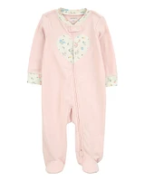 Baby Heart Striped 2-Way Zip Cotton Sleeper Pyjamas - Pink