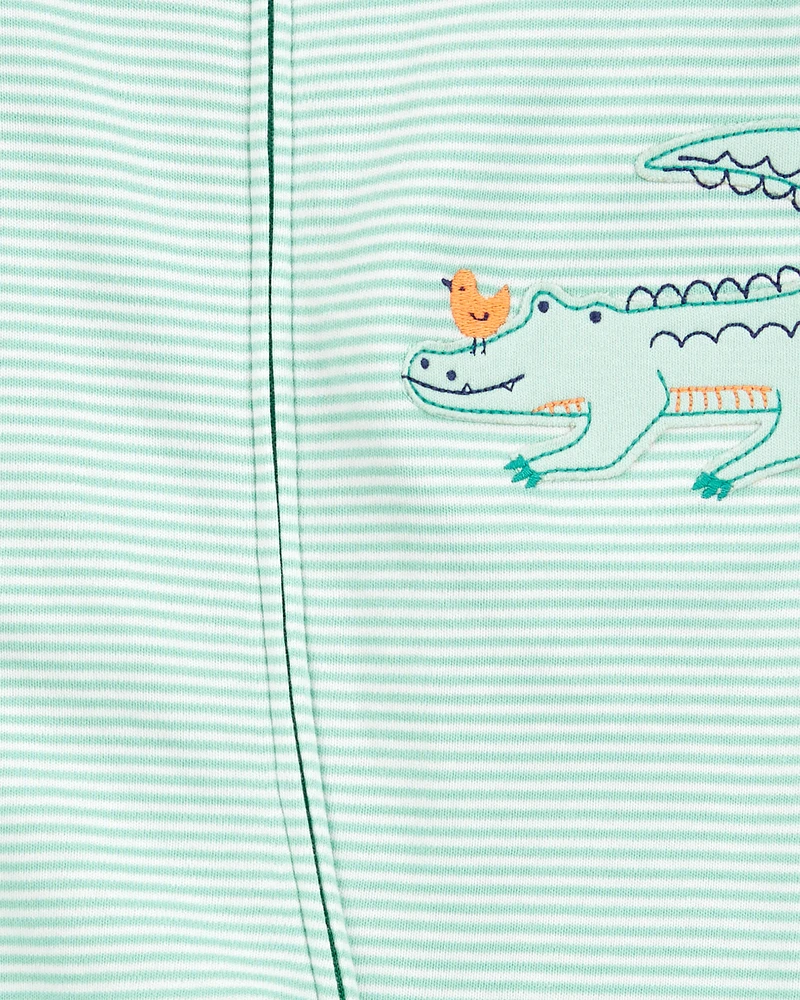 Baby Boy Alligator Striped 2-Way Zip Cotton Sleeper Pyjamas - Green