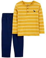 2-Piece Striped Henley Tee & Canvas Pant Set