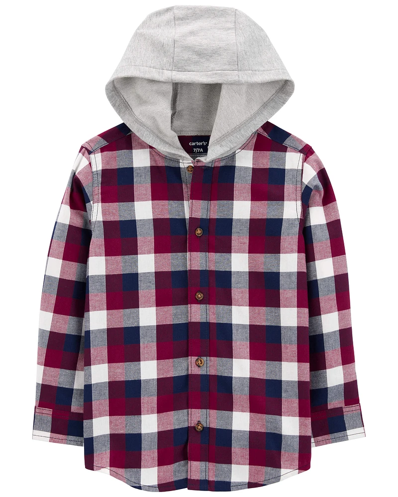 Kid Plaid Hooded Button-Down Shirt