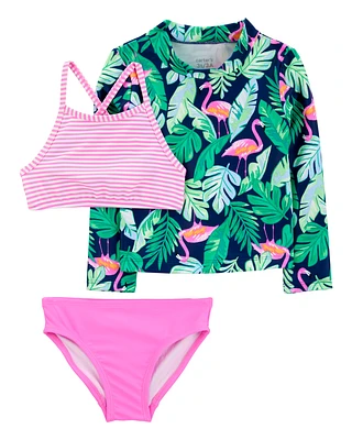 Toddler 3-Piece Tropical Flamingo Print Rashguard Swim Set