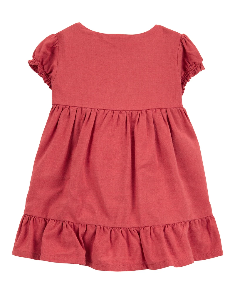 Baby Short-Sleeve Linen Look-alike Tiered Dress - Red