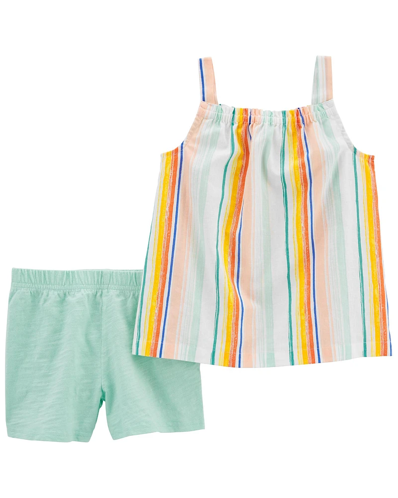 2-Piece Striped Linen Tank & Short Set