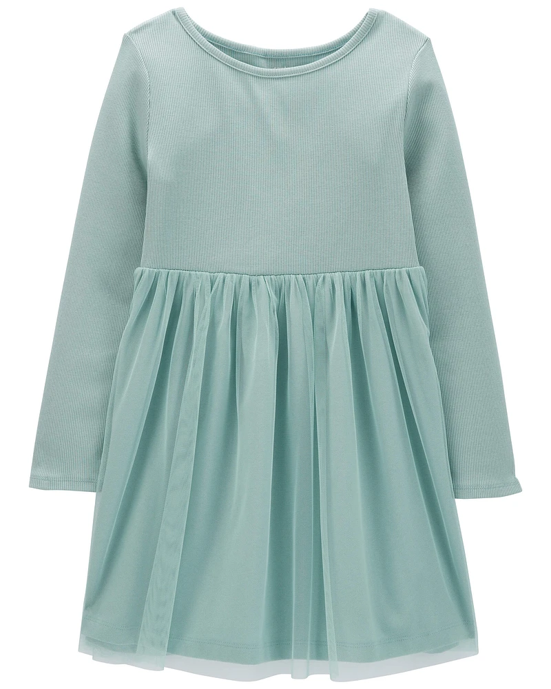 Kid Tulle Long-Sleeve Ribbed Dress