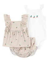 Baby 3-Piece Striped Cherry Print Little Short Set