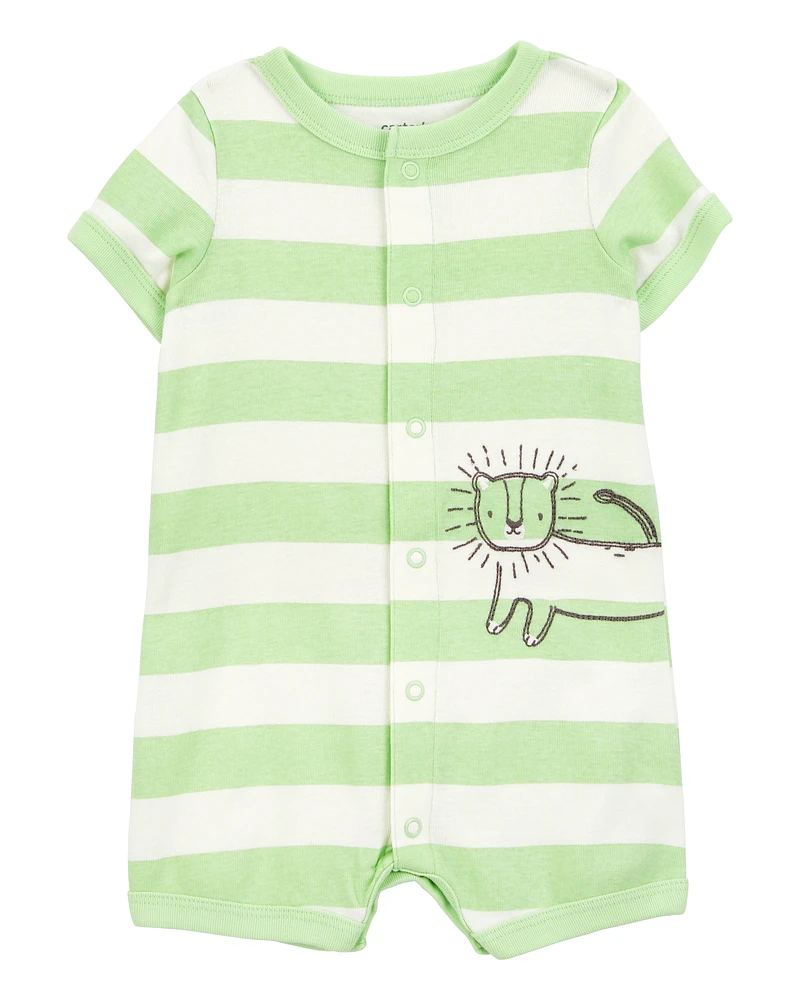 Baby Lion Striped Short-Sleeve Romper -Green