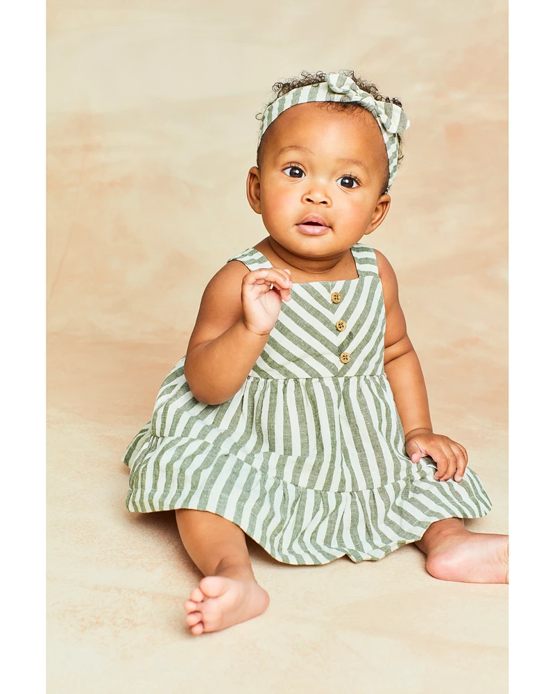 2-Piece Striped Linen Dress & Headwrap Set