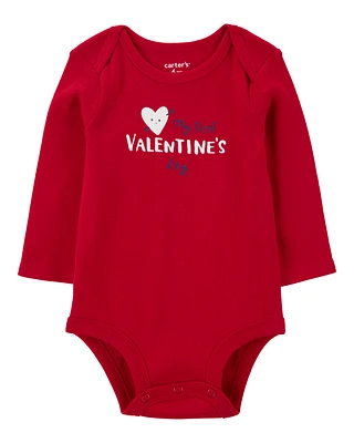 Baby Heart Valentine's Day Ribbed Long-Sleeve Bodysuit - Red