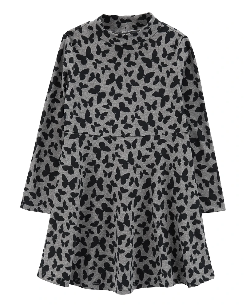 Kid Butterfly Print Mock Neck Long-Sleeve Dress