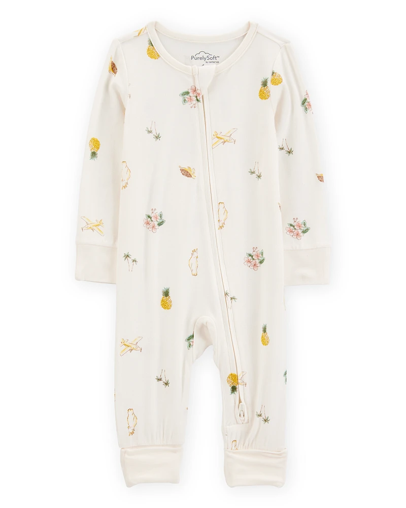 Baby Tropical Print 2-Way Zip PurelySoft Convertible Foot Sleeper Pyjamas - Ivory