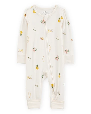 Baby Tropical Print 2-Way Zip PurelySoft Convertible Foot Sleeper Pyjamas - Ivory