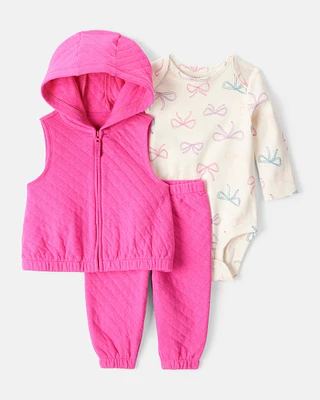 Baby Girl 3-Piece Bow Print Bodysuit, Jacket & Pant Set - Pink