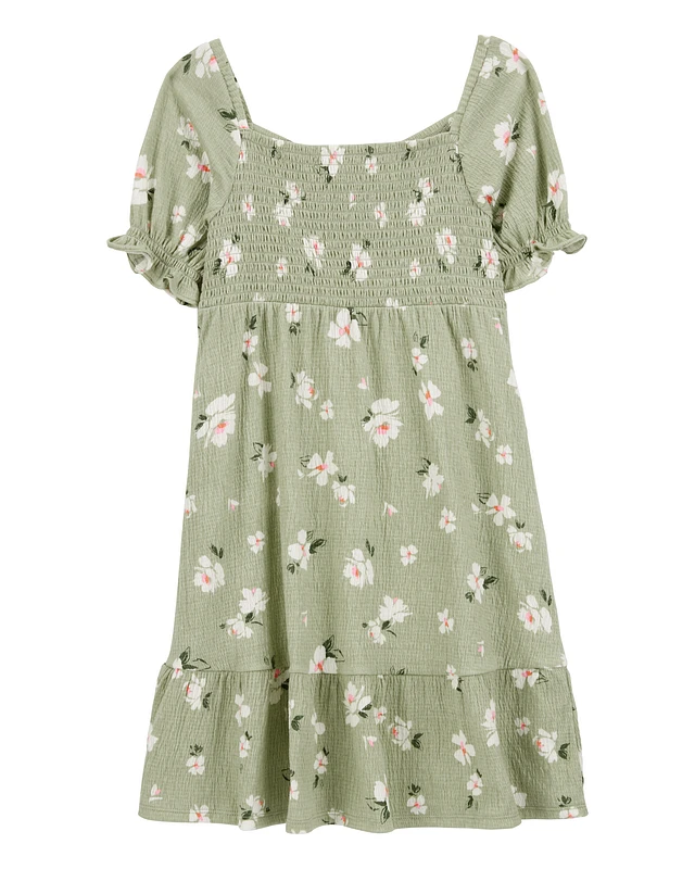 Kid Smocked Floral Dress- Green