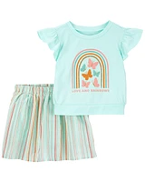 2-Piece Butterflies Flutter Top & Striped Skort Set